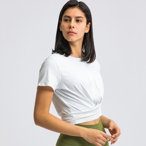 

yoga outfit just a tie naked feel gym sport crop women anti-sweat dance cropped t-shirts athletic short sleeved shirts