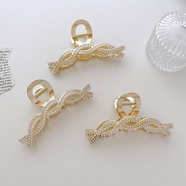 

pearl crystal cross twist shape clamps women girls large alloy gold hair claw clip lady scrunchies ponytail shower head wear hairpins access, Slivery;golden