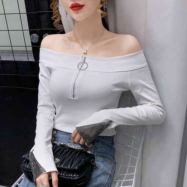 

women's sweaters slash neckline will fall into a woman's long-sleeve solid slim female t-shirt with diamond zipper white shirts., White;black