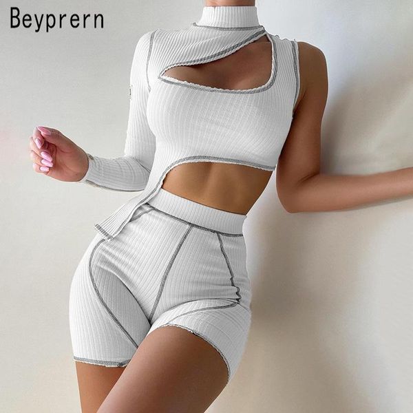 

women's tracksuits beyprern casual cut out ribbed pajama sets white two piece suits summer patchwork biker shorts set workout overalls, Gray