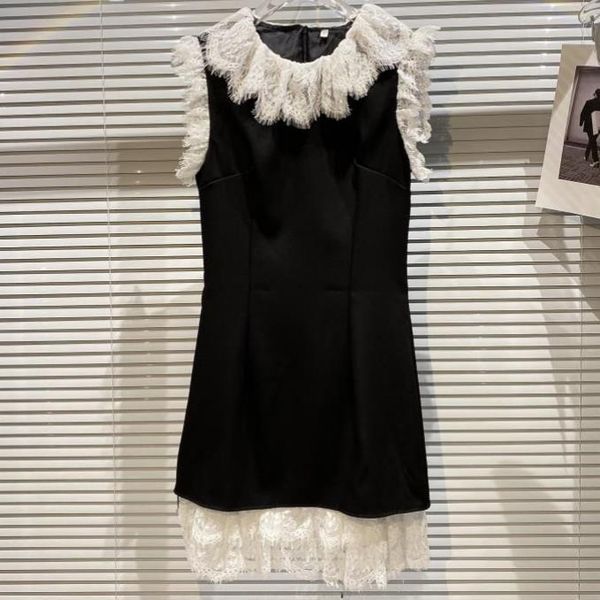 

casual dresses french style summer elegant lace stitching black vest dress women o-neck sleeveless party, Black;gray