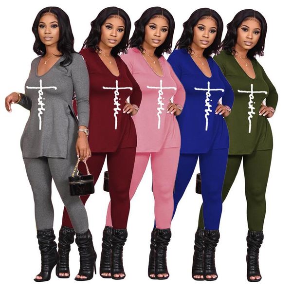 

women's two piece pants simple pure color deep v neck long sleeve letter print bro and casual lady fashion tracksuits, White