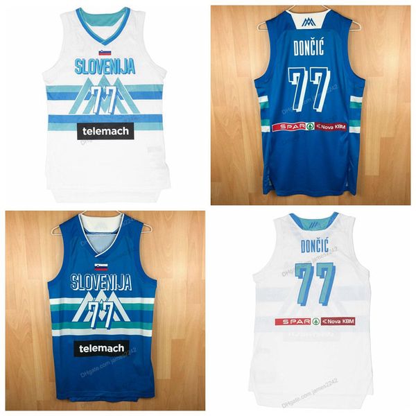 Custom Luka Doncic #77 Team Sloveija Rare Basketball Jersey Top Print White Blue Qualsiasi nome Numero Dimensione S-4xl