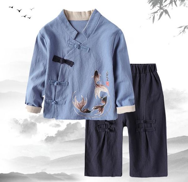 

clothing sets chinese traditional hanfu costume goldfish printed dance clothes for boy girls children's long sleeve with pantszl31, White