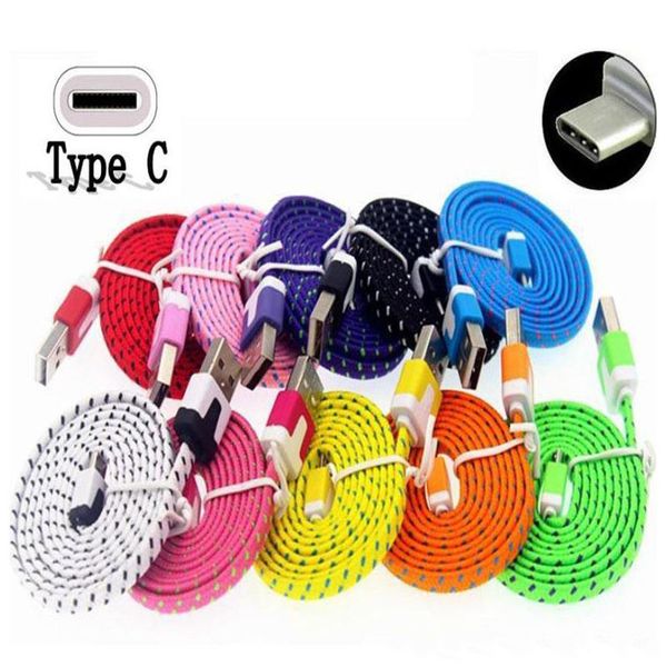 1M 2M 3M Cavi intrecciati piatti colorati Tipo-C Cavo di sincronizzazione della linea dati USB Caricabatterie Weave Noodle per Samsung s7 edge s8