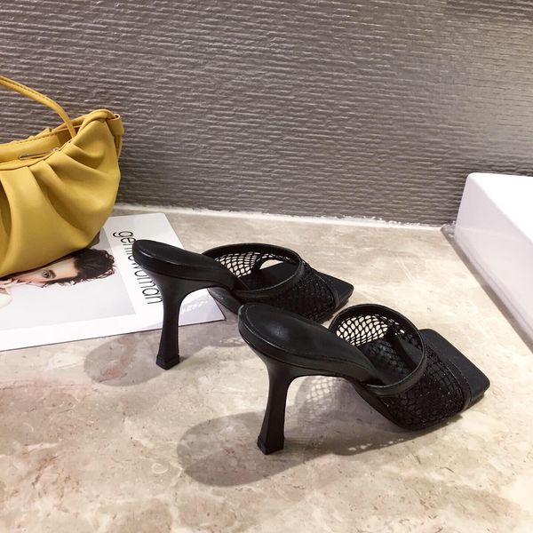 

eilyken new pu square head peep toe high heel mesh slippers summer fashion slip on thin heels slides women mules ddfhdhfdh sdfhsh, Black