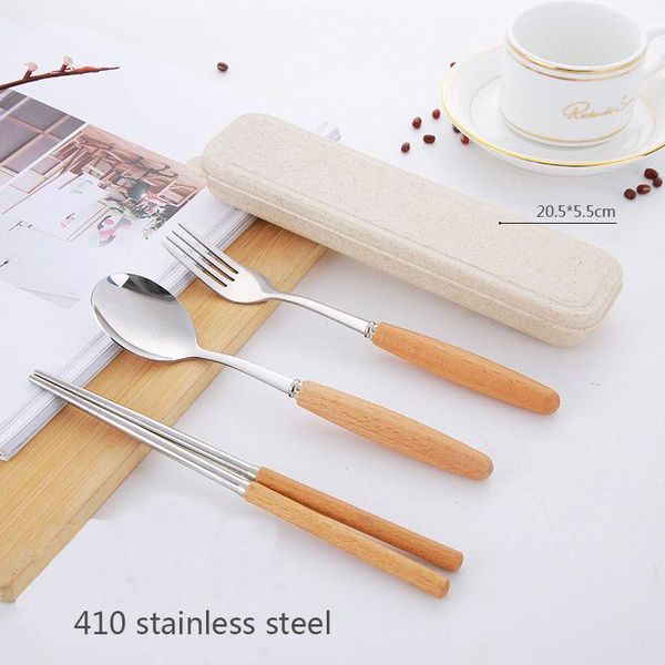 

spoons folk spoon chopsticks set portable tableware stainless steel wooden handle with box 3pcs/set
