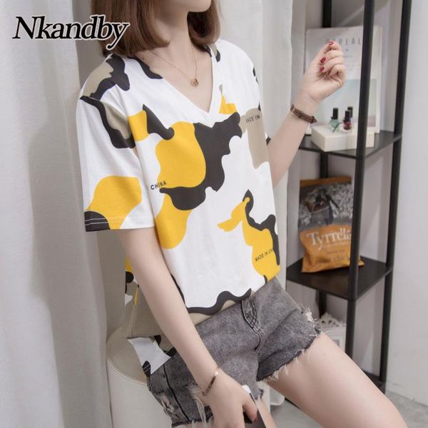 

nkandby plus size women cotton tshirt summer v-neck loose short sleeve graphic t shirt oversize streewear clothing women's t-shirt, White