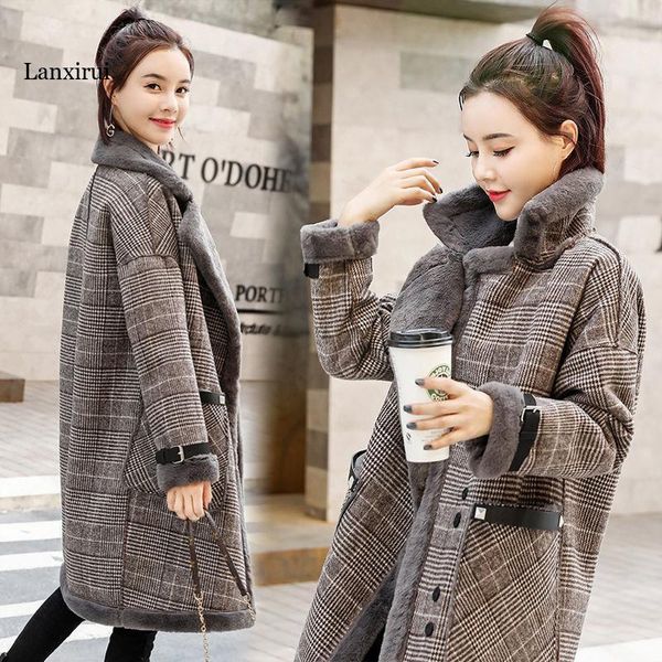 

women's wool & blends plaid coat fall/winter mid-length faux lamb one small woolen outer suit fall clothes for women, Black