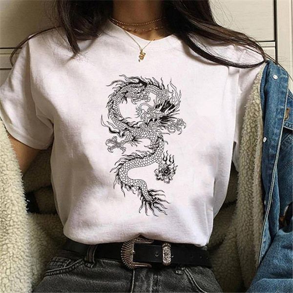 

harajuku chinese style dragon women t shirt print anime short sleeve streetwear gothic female loose tees tshirts, White