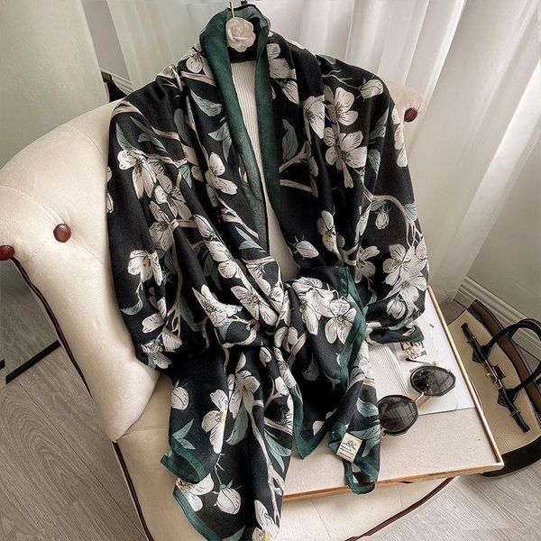 

scarves 90*180cm flowers soft printed shawl elegant bandana high-quality luxury warm women's multifunction retro casual thin, Blue;gray