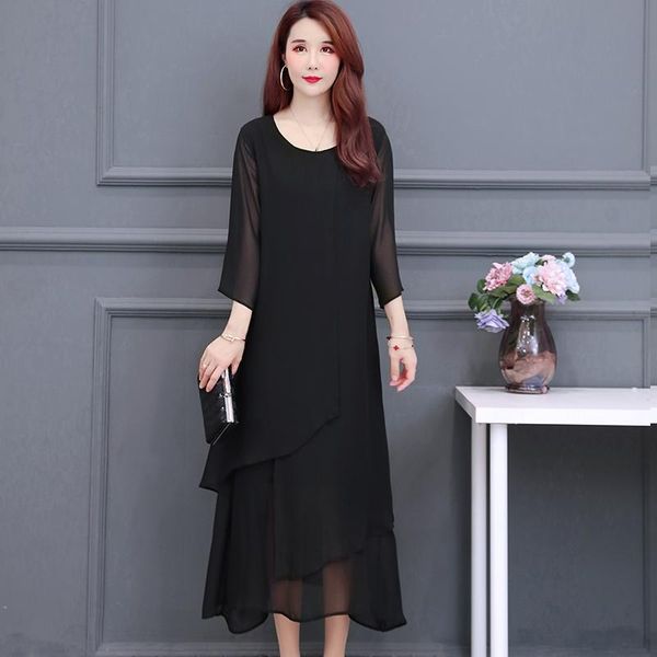 

casual dresses l-5xl women chiffon full dress summer 2021 fashion elegant black ruffles loose long female, Black;gray