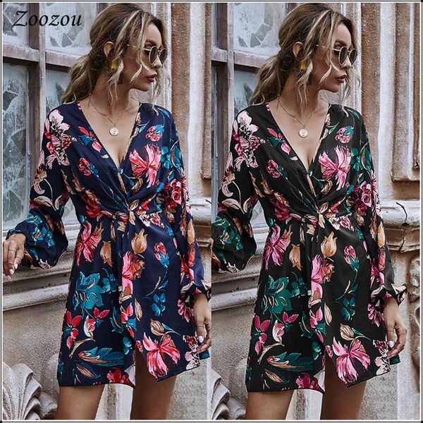

elegant solid print a line dress summer deep v neck wrap mini casual long sleeve tie waist party dresses arrivals, Black;gray