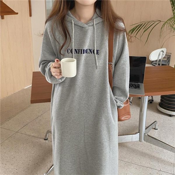 

casual dresses autumn winter fleece long hoodies dress women hooded loose pullover full sleeve sweatshirt female solid color, Black;gray