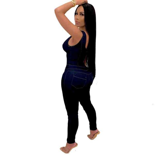 

women's sleeveless a3249 corns strapping slim denim jumpsuit, Blue