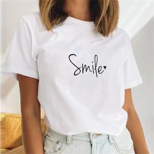 Carta de sorriso impressão de doces o-pescoço t-shirt mulher branco e manga longa manga básica t-shirts para meninas verão coreano doce 210330