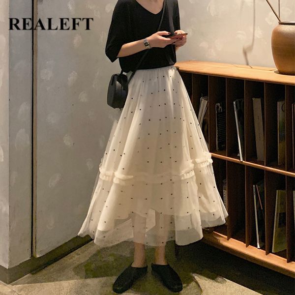 

spring summer polka dots mesh white women long skirts korean style high waist a-line mid-calf female 210428, Black