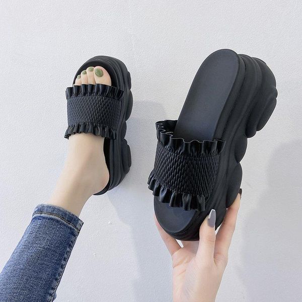 

shoes low slippers casual on a wedge slipers women slides platform luxury 2021 soft summer leisure fashion rome hoof heels, Black