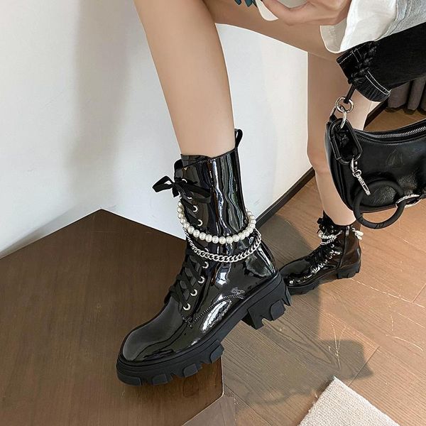 

boots women ankle natural leather modern 22-25cm autumn and winter cow patent pearl chain womens shoes comfort, Black