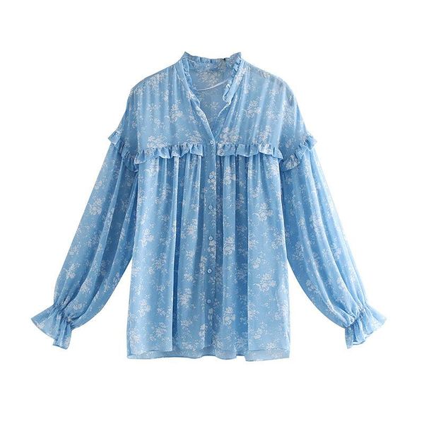 

women's blouses & shirts cs864 blue color pleated ruffled tiny floral print ladies fresh blouse blusas, White