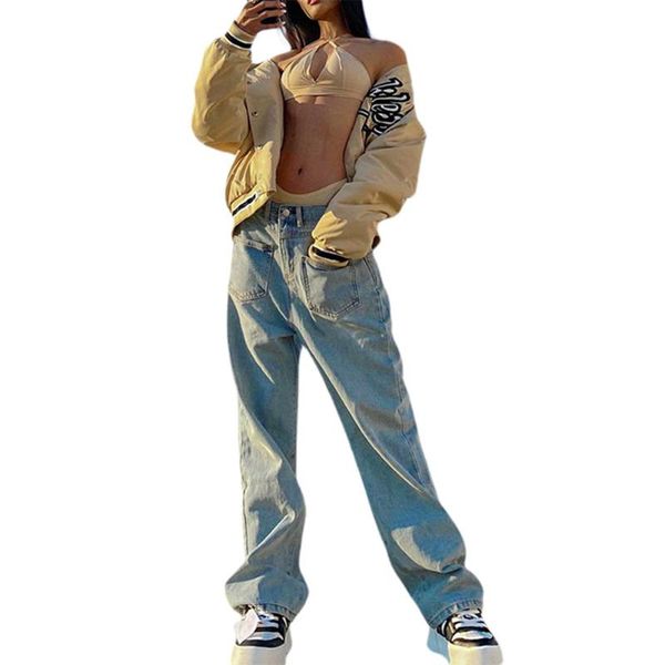 

women's jeans fashion woman female full length loose denim boyfriend trouser washed low-rise straight hip hop style pants, Blue