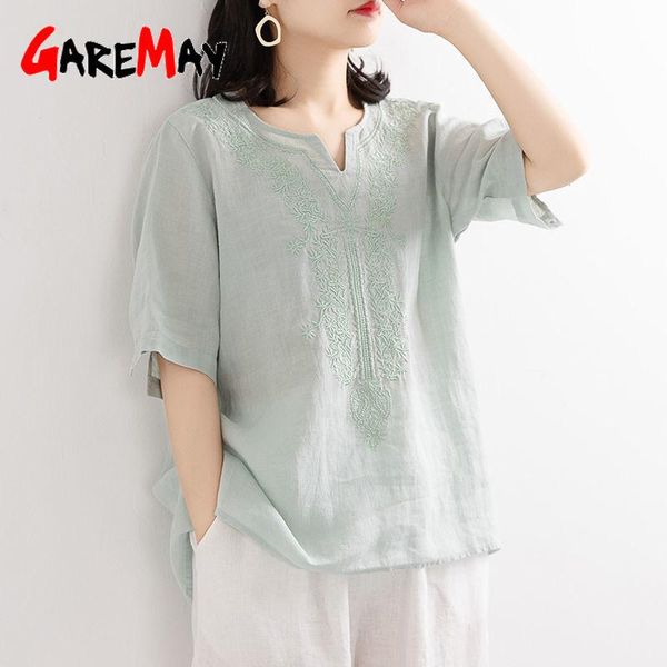 

women's blouses & shirts beautiful linen shirt for women vintage short sleeve elegant tunics summer plus size v neck blouse with embroi, White