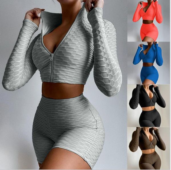 

women's tracksuits summer ladies fashion casual set solid color long-sleeved sports comfortable + shorts simple two-piece suit wf13, Gray
