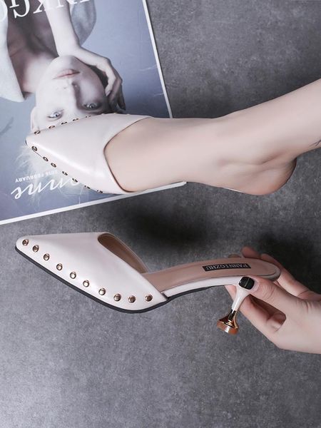 

slippers pointed stiletto ladies high-heeled summer simple solid color rivet baotou half drag mules elegant., Black