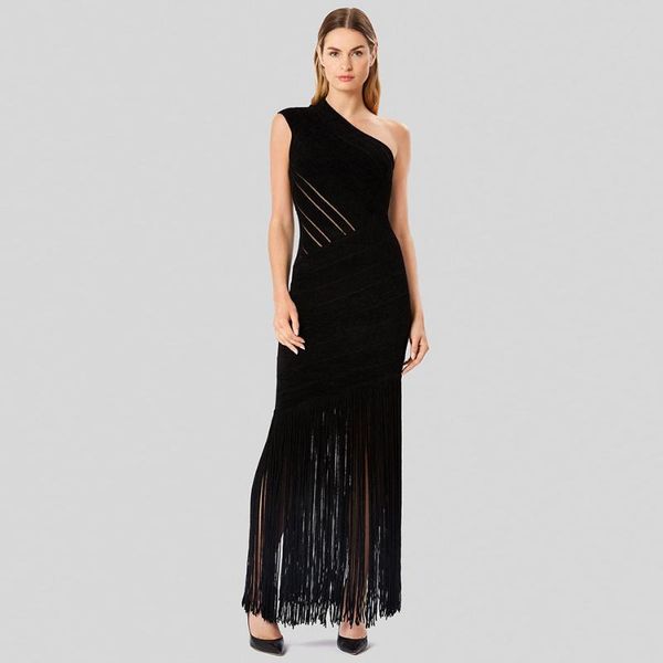 

casual dresses adyce 2021 winter one shoulder sleeveless bodycon bandage maxi dress black tassel celebrity evening runway party, Black;gray
