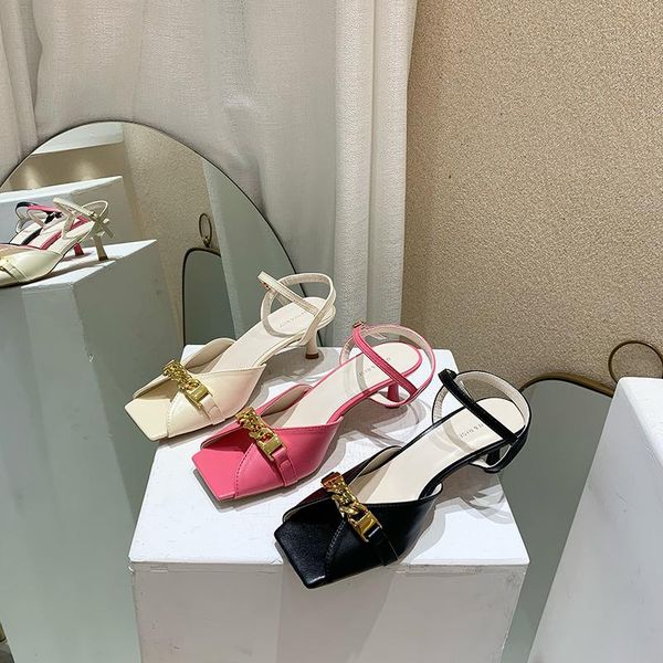 

sandals ladies women open peep toe metal chain thin high heels ankle strap summer slides pink black beige dress pumps
