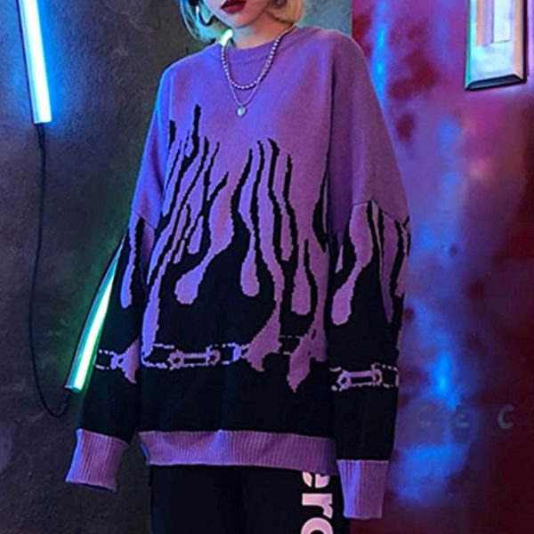 

fashion women's flame pattern pullover autumn winter knitted harajuku sweaters one pieces birthday gift fast deliver, White;black