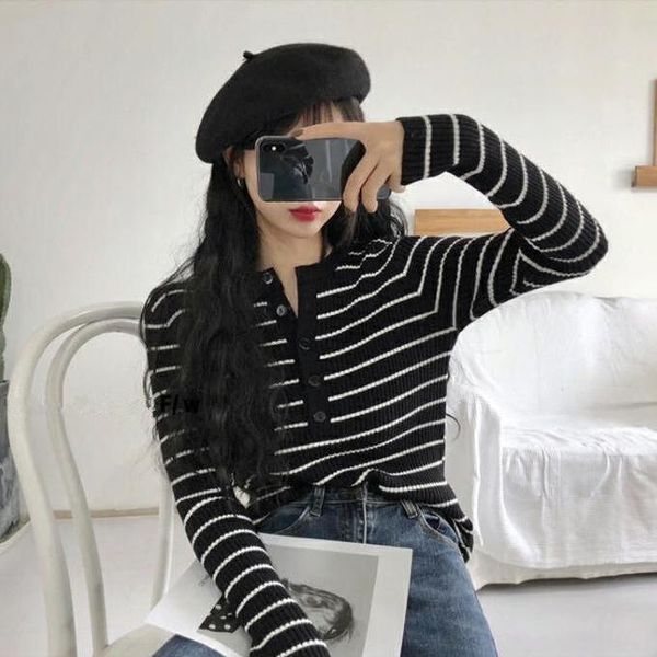 

women's sweaters striped pullovers spring casual all match stretch women 2021 button long sleeve pull femme, White;black