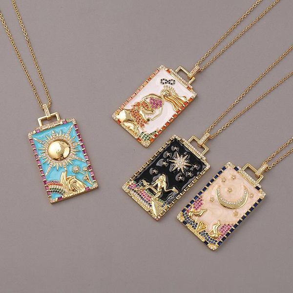 

chains zircon pendant rectangular rainbow mermaid moon painted amulet necklaces for women men hip charm necklace choker jewelry, Silver