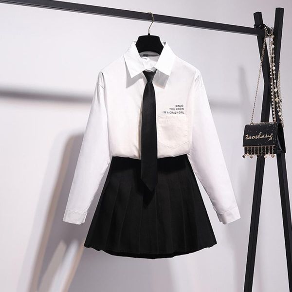 

two piece dress spring women sets blouse and pleated skirt letter print tie white mini sweet style 2021 set