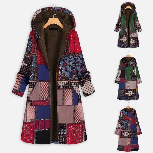 

women's jackets winter vintage women coat warm printing thick fleece hooded long jacket with pocket ladies zipper outwear loose for, Black;brown