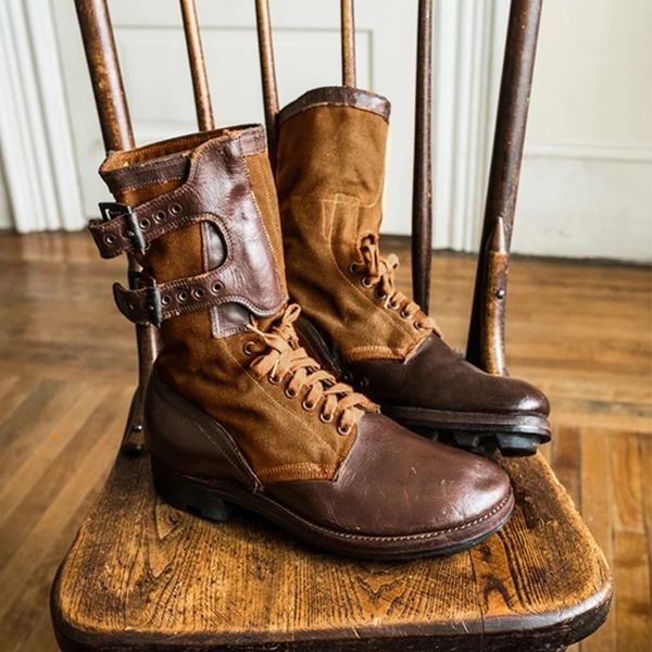 

new round head fashion color matching belt buckle lace up thick heel casual men's boots oversized 44-48, Black