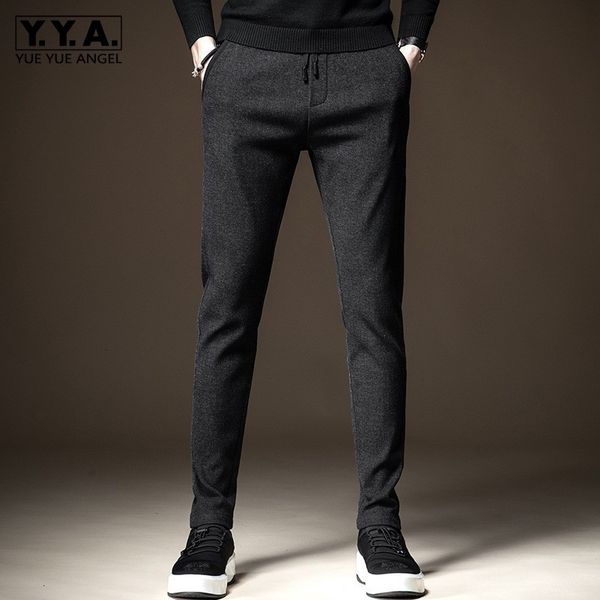 

men's pants winter men elastic waist slim thick casual trousers fashion warm stretch straight high street pocket business alpi, Black