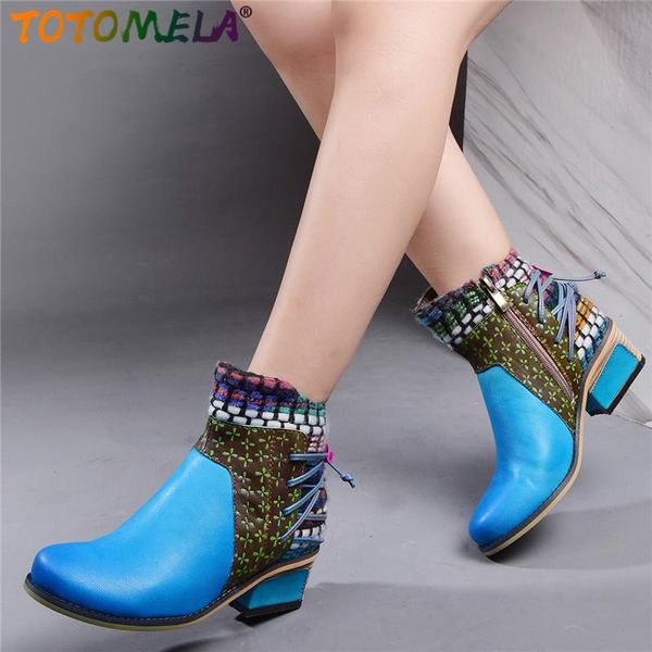 

boots totomela bohemian retro cowgirl women genuine leather patchwork winter autumn ankle woman zipper western booties, Black