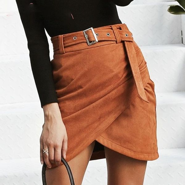 

skirts 2021 autumn winter belt ruched bodycon skirt women asymmetric short female high waist suede leather, Black