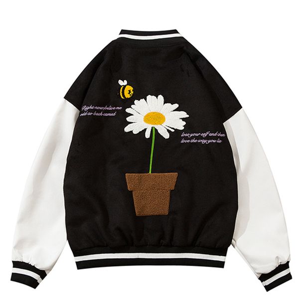 

men's hoodies & sweatshirts bomber coats men oversized shredded autumn college wears baseball letterman jacket daisy flowers streetwear, Black