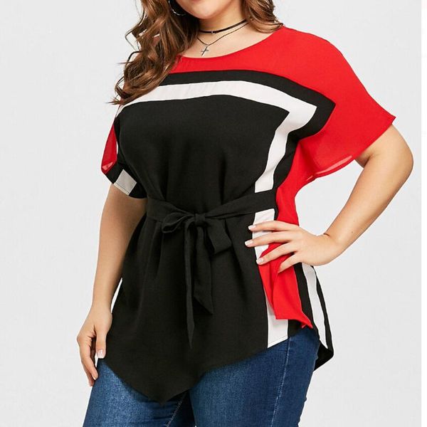 

plus size t-shirt summer patchwork blouse womens fashion batwing sleeve tie belt tunic shirt asymmetric top, Black