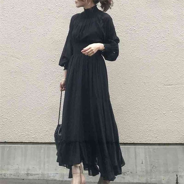 Neues schwarzes Kleid elegante koreanische Mode Frauen einteiliges Langarm hohe Taille Tunika Vestido Damen Rüschen lange Maxi-Kleider 210401