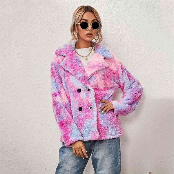

autumn fleece button coat jacket women's winter tie-dye print double-sided plush long-sleeved double-breasted padded 210508, Black