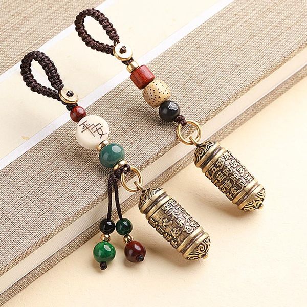 

keychains vintage brass tibetan chinese cylindrical heart sutra bottle rope pendants mantra car key chains rings lucky hangings, Silver