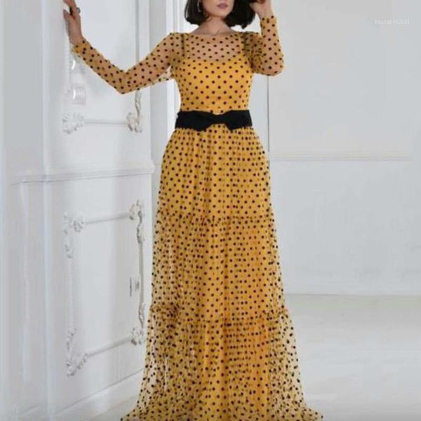 Abiti casual Xxl Xxxl Donna Maxi Abito giallo Due pezzi Maglia trasparente Vintage Polka Dot Vestiods Plus Size Primavera Autunno Lungo Sheer