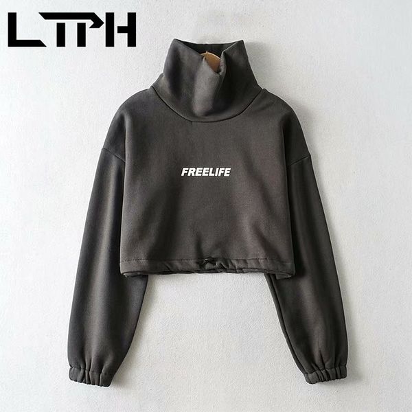 

loose turtleneck womens sweatshirts pullover letter long sleeve short drawstring warm sweatshirt spring autumn 210427, Black
