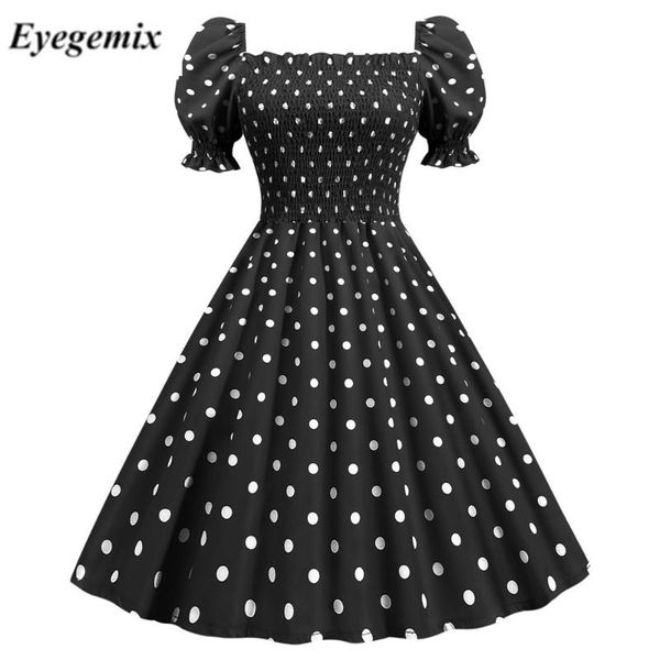 

casual dresses polka dot party dress elegant women summer puff short sleeve square collar elastic waist vintage midi sundress beach, Black;gray