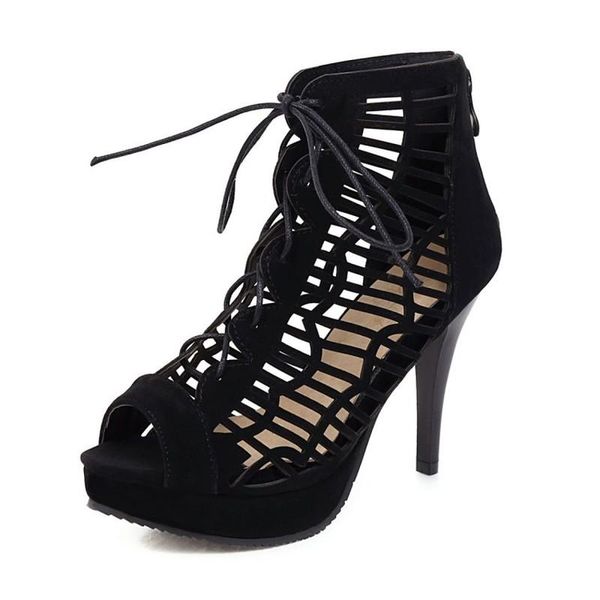 

women sandals fashion hole summer party shoes open toe retro high heels dance 34-48, Black