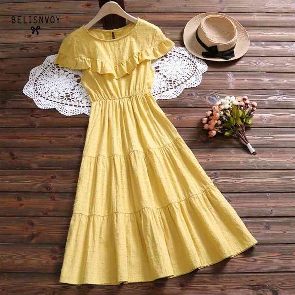 Sommer Frauen Gelb Rüschen Prinzessin Kleid Muster Jacquard Baumwolle Süße Elegante Hohe Taille A-linie Strand Urlaub Vestido De Fest 210520