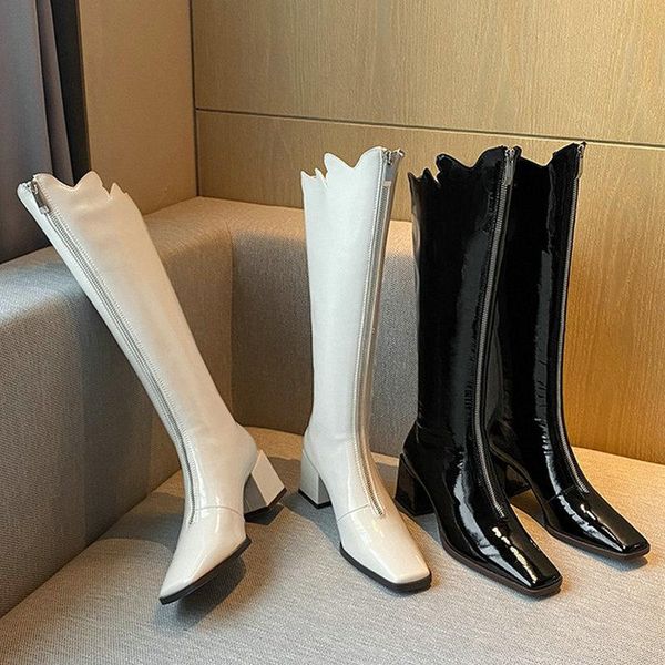 

boots fashion genuine leather women's high side zipper winter shoes woman heels working casual knee, Black